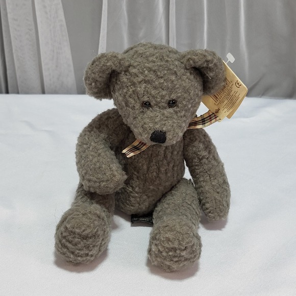 Vintage 9" Russ Teddy Bear Stuffed Plush “Frizzlin” Grey Fleece w. Checkered Bow - Picture 2 of 9